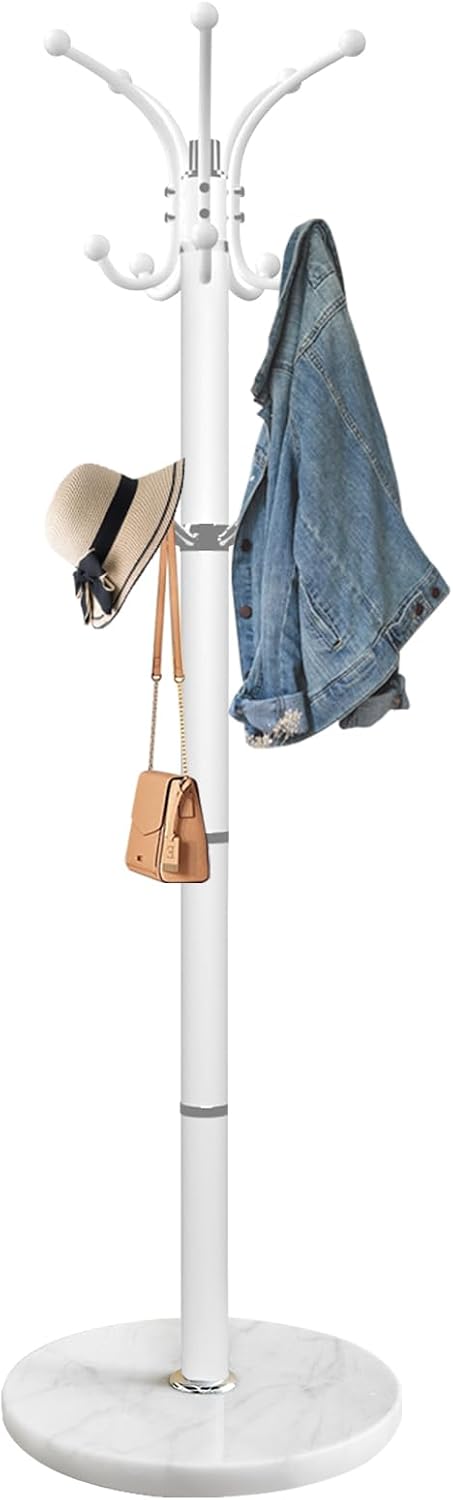 Snaikor Metal Coat Rack Stand with Natural Marble Base, Modern Coat Rack Freestanding, 360°Rotary Coat Racks with 14 Hooks, Heavy Duty Coat Hall Tree Hanger Stand for Entryway, Office