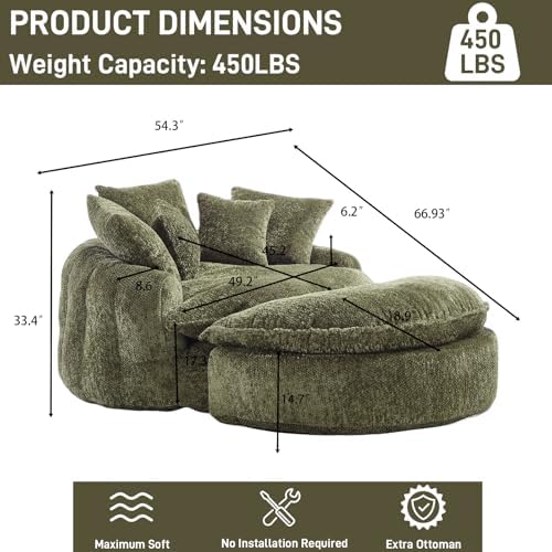 54'' Oversized Round Bean Bag Chaise Lounge Barrel Chair with Movable Ottoman, Fluffy Cloud Couch Boneless Round Sofa Chair for Living Room, Bedroom, Apartment, Green