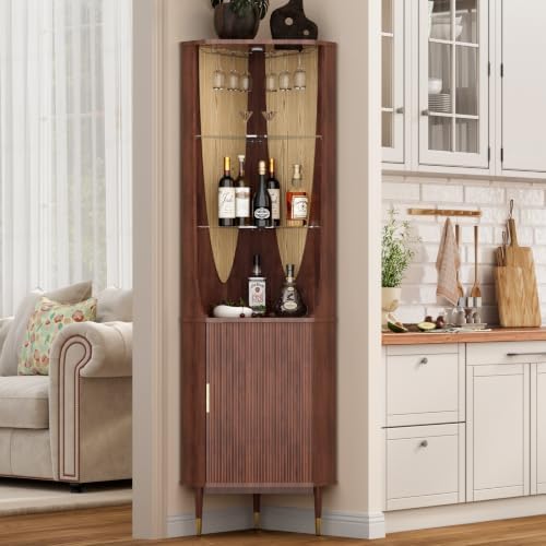 JOINICE Tall Corner Bar Cabinet for Liquor,Mid-Century Modern,Walnut,70"
