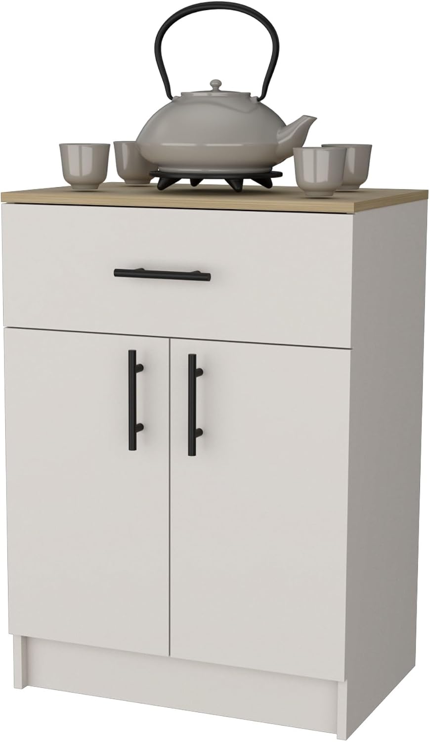 Cope Kitchen Pantry in Melamine with 2 Doors and 1 Drawer, Ivory/Natural Oak,...