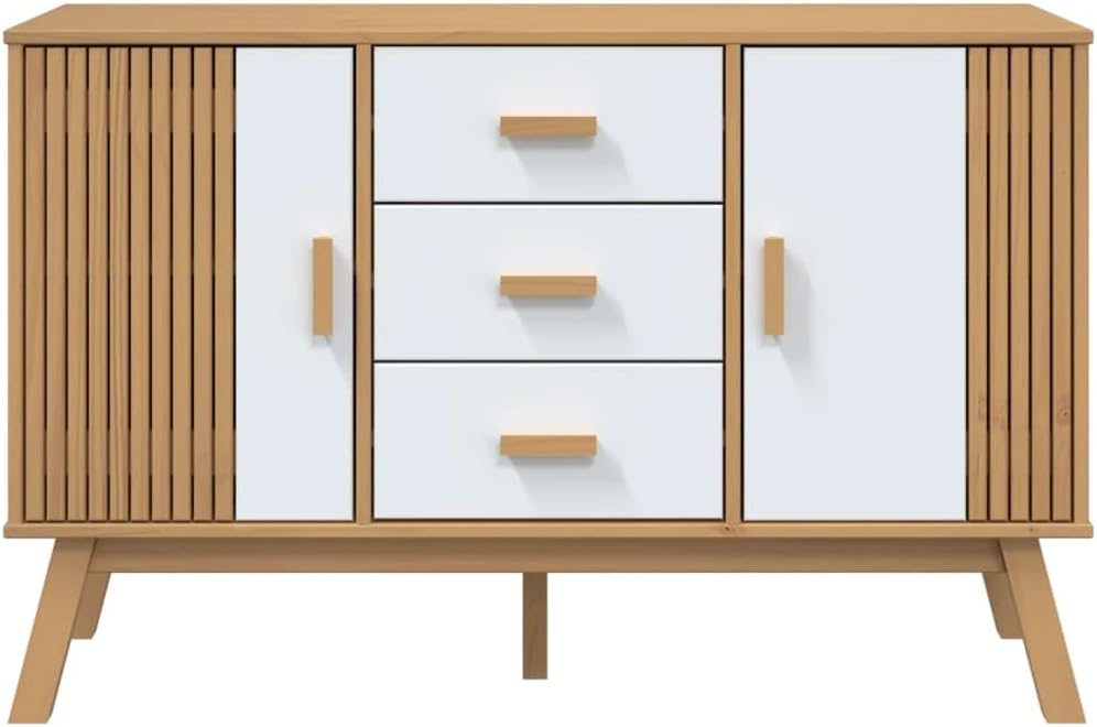 White and Brown Solid Pine Wood Sideboard with Multiple Drawers and Doors for...