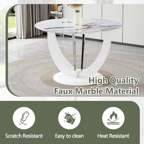 JUFU Round Dining Table Set for 4, 47" White Dinette Set for 4 with Marb...