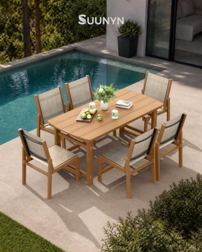 HDPE Outdoor Dining Set, Patio Table and 6 Stackable Armless Chairs, Teak