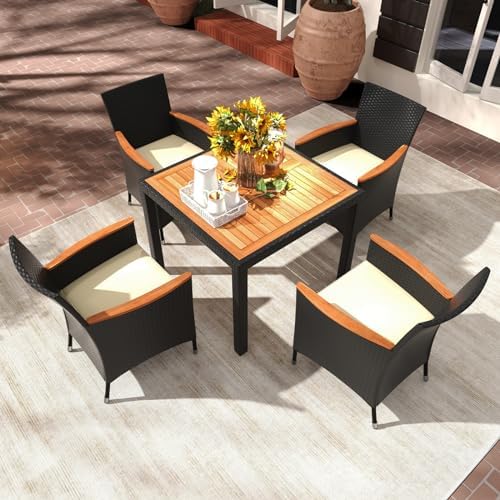 Tangkula 5 Pieces Rattan Outdoor Dining Set for 4, Outdoor Acacia Wood Table ...