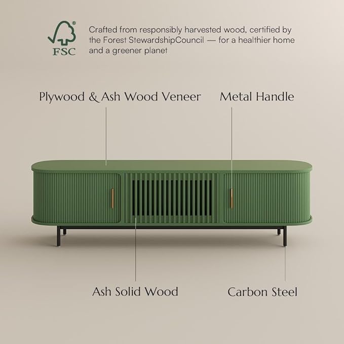 POVISON Fully-Assembled Modern Green TV Stand with Tambour Doors, Fluted TV Media Console for 65 Inch TVs, Sliding Door Entertainment Center with Storage for Living Room (Green, 70.87")