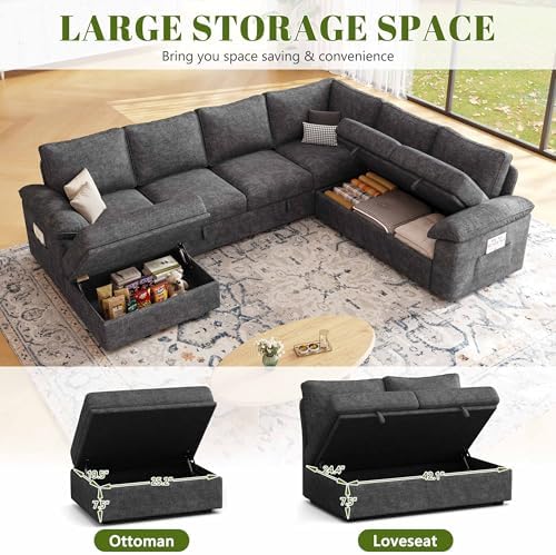 108 Inch Sectional Sleeper Sofa with Pull Out Bed, U Shaped 7 Seat Modular Sectional Sofa with Storage, Sectional Couches for Living Room, Cloud Modular Couch,Removable Sofa Cover, Dark Grey