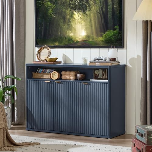 LEYAOYAO 45-Inch Fluted Buffet Cabinet with 3 Doors,Dark Blue