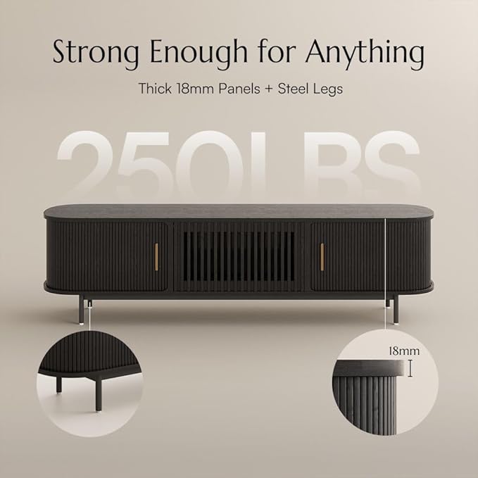 POVISON Fully-Assembled Sliding Tambour Door TV Stand, Mid Century Modern Sin...