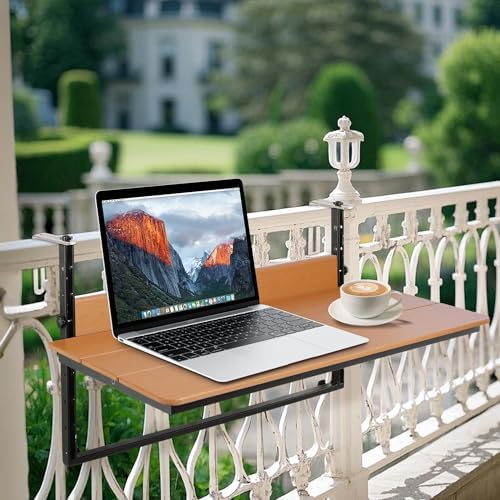 HDPE 39.3" Outdoor Folding Balcony Bar Table for Railings, Teak