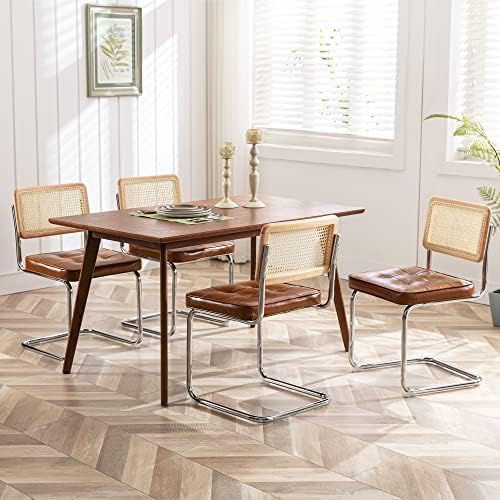 ONEVOG MCM Rattan Dining Chairs Set of 4, Faux Leather Retro Chair with Natur...