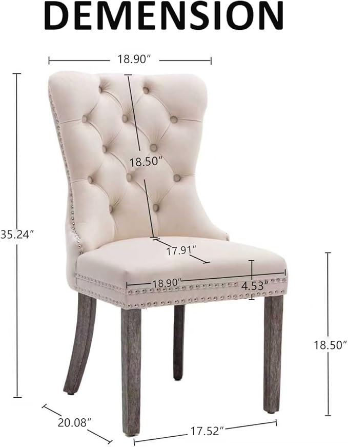 KCC Velvet Dining Chairs Set of 6, Upholstered High-end Tufted Dining Room Chair with Nailhead Back Ring Pull Trim Solid Wood Legs, Nikki Collection Modern Style for Kitchen, Beige
