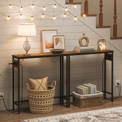 HOOBRO Narrow Console Table with Power Outlets, Small Entryway Table | Thin S...