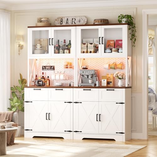Unikito 71" Kitchen Pantry Cabinet with LED Light & Outlet, Microwav...