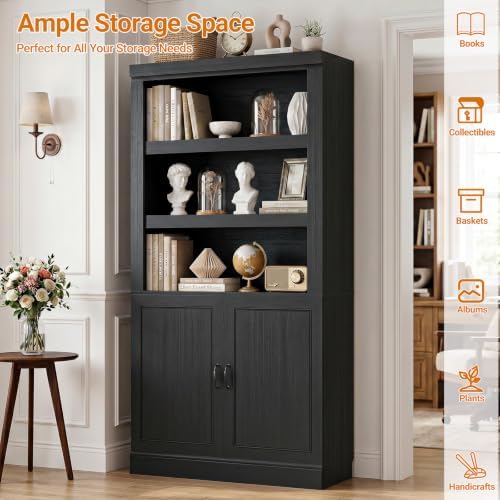 Unikito 71" Tall Bookshelf with Doors and Adjustable Shelves, Black