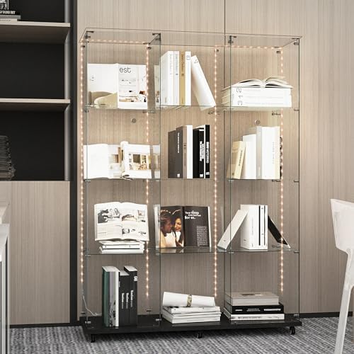 65" H 4-Shelf Glass Display Storage Cabinet with LED Lights Strip & ...