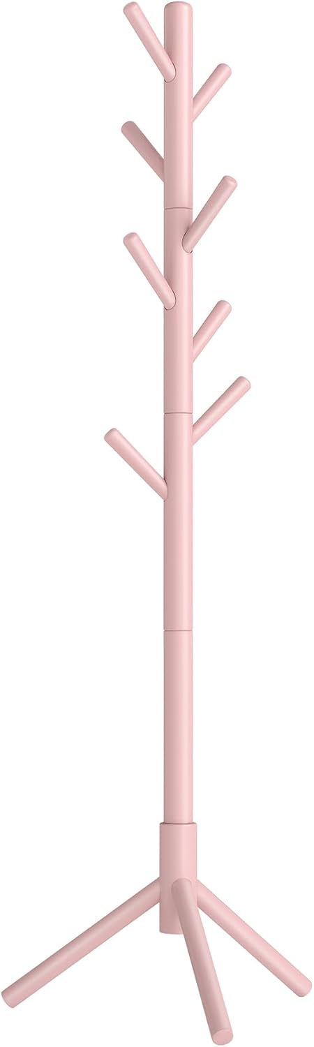 VASAGLE Solid Wood Coat Rack, Free Standing Tree-Shaped Coat Rack with 8 Hooks, 3 Height Options, for Clothes, Hats, Bags, Living Room, Bedroom, Home Office, Jelly Pink URCR004R01