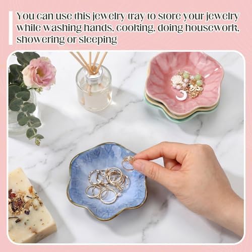4 Pack Small Jewelry Dish Ceramic Trinket Holder Tray for Rings Earrings Key Bowl Women Mother's Day Wedding Gift (Pink,Blue,Cyan,Green)
