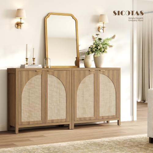 SICOTAS 102" Rattan Sideboard Buffet Cabinet with Storage Credenza Set of 3