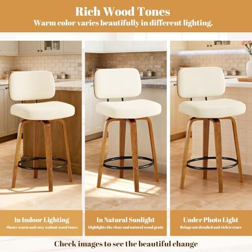 Counter Height Bar Stools Set of 3, 26+inch Swivel Faux Leather Barstool with...