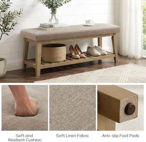 Entryway Bench with Cushion, Upholstered Shoe Rack Bench with Solid Wood Shel...
