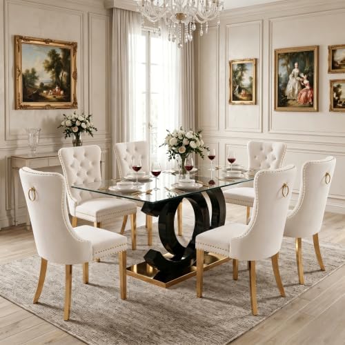 Glass Dining Table Set for 6,Modern Black Gold Dining Table Set,63" | Te...