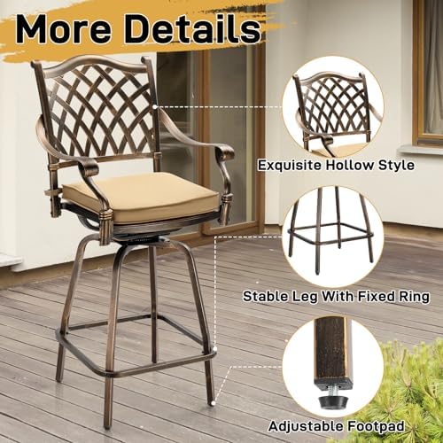 VINGLI Outdoor Swivel Bar Stools Set of 2, Cast Aluminum All-Weather Patio Ba...