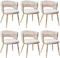 KCC Modern Velvet Dining Chairs Set of 6, Upholstered Living Room Chair with Woven Back and Golden Metal Legs, Mid-Century Accent Side Chair for Dining Room, Kitchen,Beige