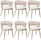 KCC Modern Velvet Dining Chairs Set of 6, Upholstered Living Room Chair with Woven Back and Golden Metal Legs, Mid-Century Accent Side Chair for Dining Room, Kitchen,Beige