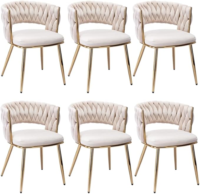 KCC Modern Velvet Dining Chairs Set of 6, Upholstered Living Room Chair with Woven Back and Golden Metal Legs, Mid-Century Accent Side Chair for Dining Room, Kitchen,Beige