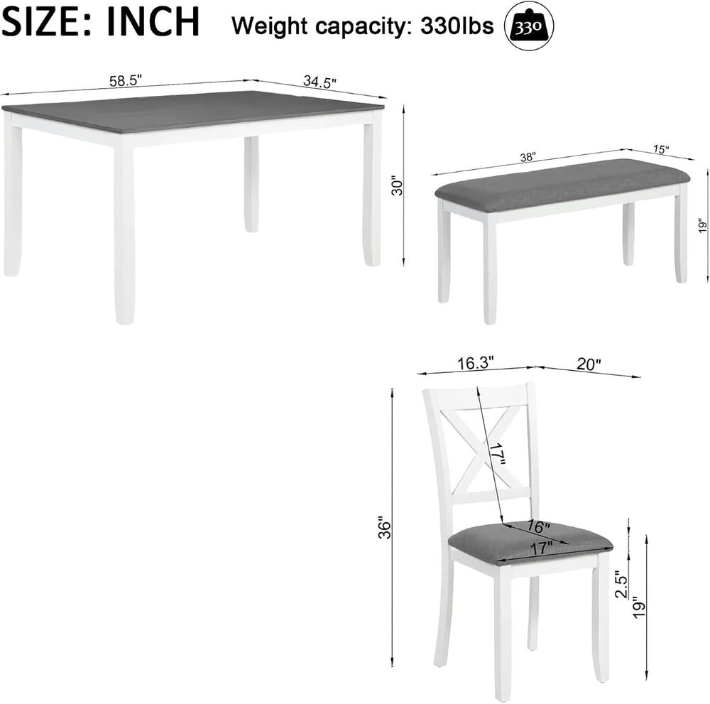 6 Piece Dining Table Set, Counter Height Kitchen Sets, White&Gray