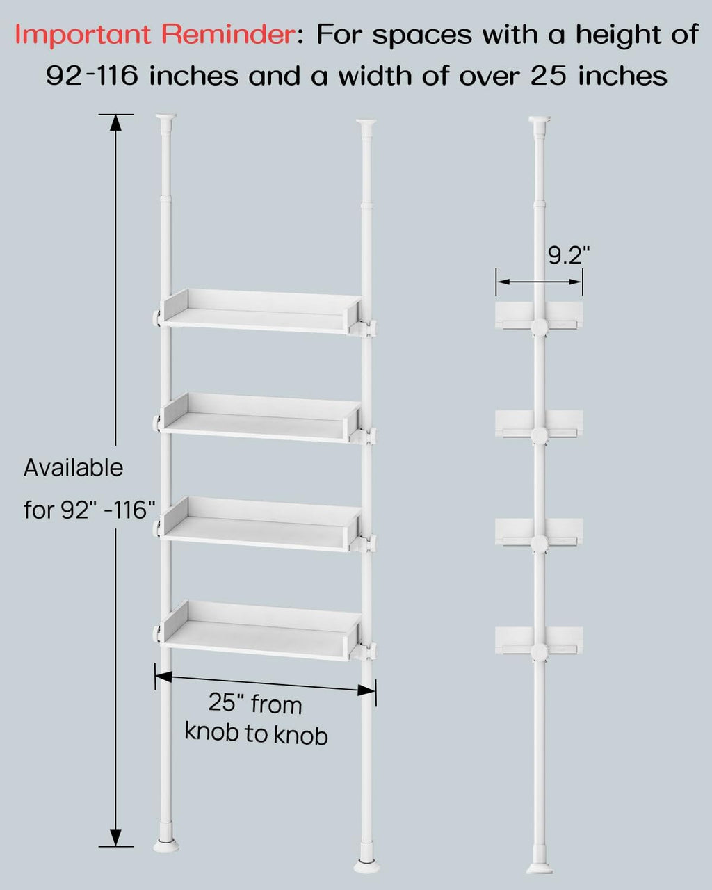 ALLZONE 4 Tier Over The Toilet Storage, Adjustable Wood Over Toilet Bathroom Organizer, Freestanding Shelves, Fit Most Showers Over The Toilet Shelf, 92 to 116 Inch Tall, White