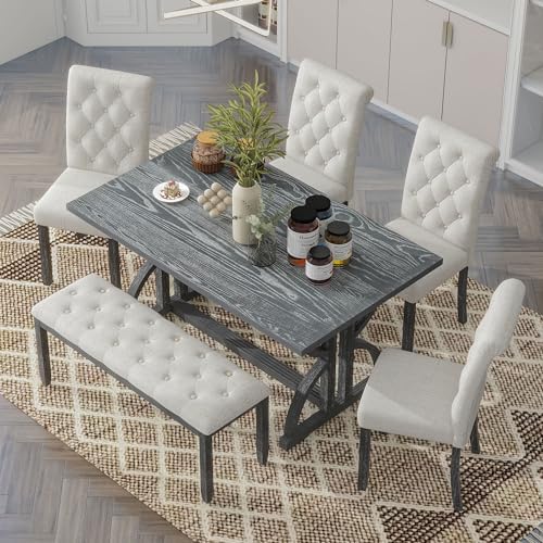Merax 6-Piece Farmhouse Dining Table and Chair Set, 60'' Solid Wood R...