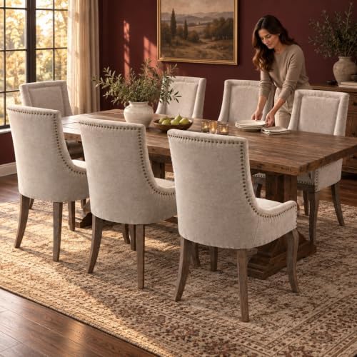 Upholstered Dining Chairs Set of 6, Beige Fabric Kitchen Chair with Nailhead ...