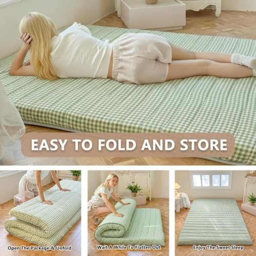 Green Gingham Japanese Floor Mattress, Queen Size 60" x 80", 3.5" Thick | High Density Foam Futon Mattress, Foldable Tatami Sleeping Pad, Farmhouse Style Roll Up Floor Bed for Dorm Guest Room