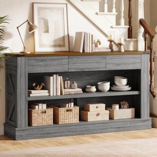 Miereirl 63" Console Table with Drawers & LED Light, Brown & Dar...