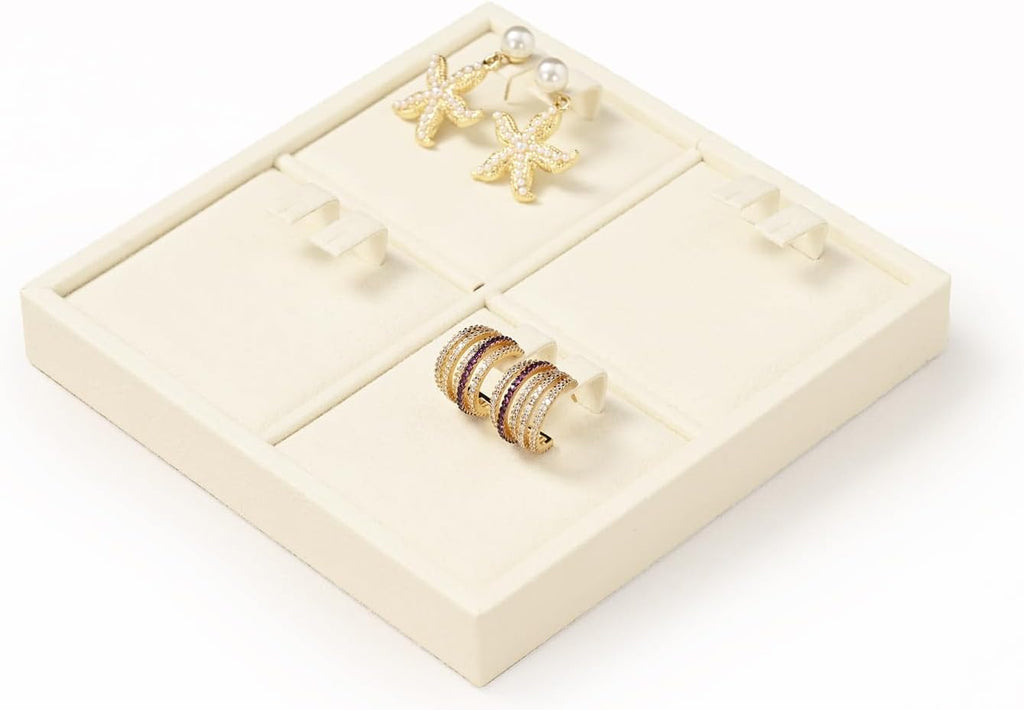 Oirlv Microfiber 4 Slots Jewelry Earring Display Tray Earring Display Organizer Tray(Beige)