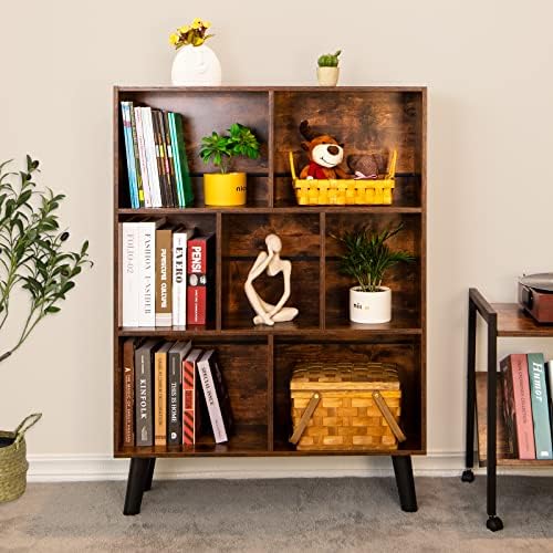 LEYAOYAO Cube Bookshelf, Mid-Century Modern Book Shelf with Legs, Brown