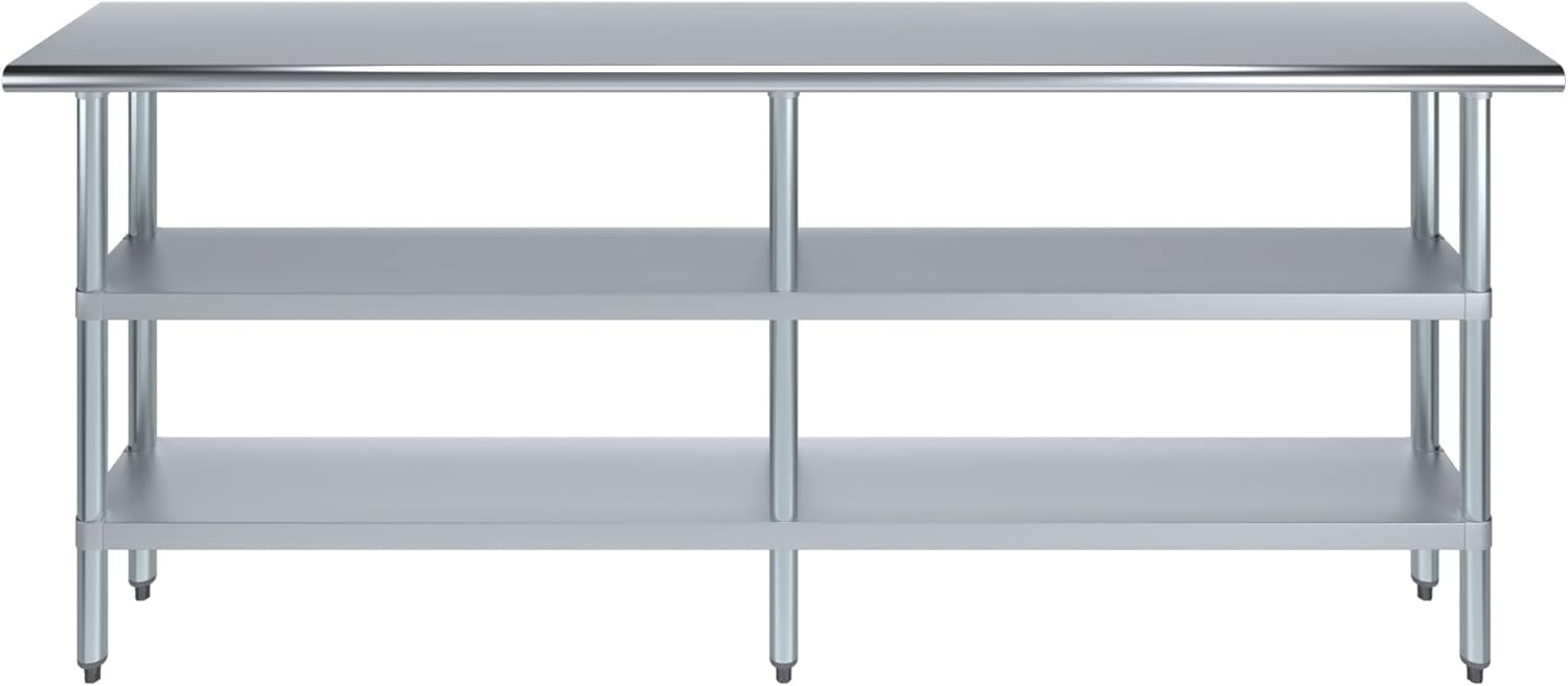 AmGood Stainless Steel Work Table with 2 Shelves | NSF | Metal Utility Table (84" Long x 14" Deep)