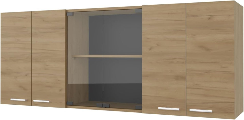 Wall Cabinet Kitchen 4 Doors and Glass Storage, Natural Oak,for Kitchen