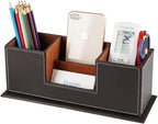KINGFOM™ Double Holder Wood Leather Multi-Function Desk Stationery Organizer Dark Brown