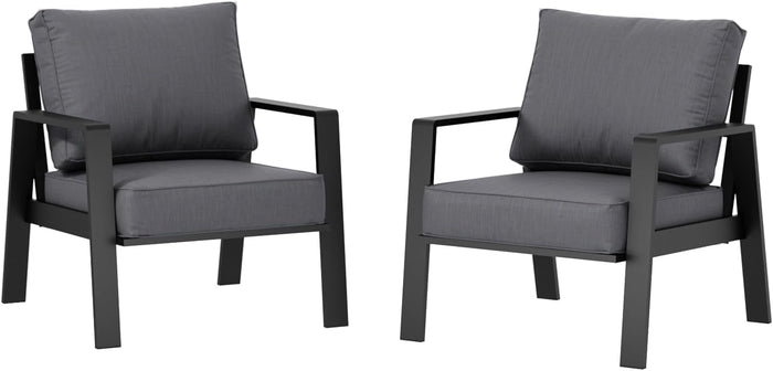 2 Pieces Aluminum Outdoor Armchair, Oversized Patio Couch, Modern Sofa All Weather Metal Furniture Set with 5" Cushions (Black/Dark Grey, Armchair)