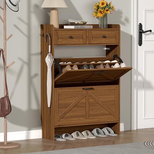 Thacuok Shoe Cabinet with 2 Flip Drawers & 2 Storage Drawers, Rustic Farmhouse Narrow Shoe Organizer Cabinet, Slim Shoe Rack Cabinet, Shoe Storage Cabinet for Entryway, Hallway