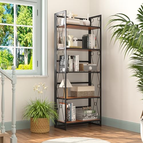 VECELO Folding Bookshelf, 5 Shelf Bookcase No Assembly, Industrial Metal Fram...