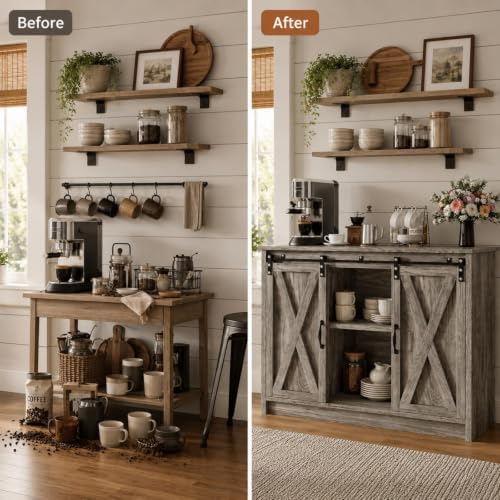 4 EVER WINNER Farmhouse Coffee Bar, 42 Inch Coffee Bar Cabinet, Wash Grey