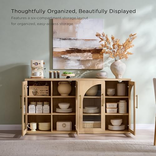 ACCOHOHO Glass Arched Door Sideboard Buffet Cabinet Set of 2, Natural Oak