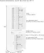 HomeStock Renaissance Refinement Stanton Glass Door Kitchen Storage Pantry Cabinet - 14.5" D x 23.75" W x 78" H, Durable, Adjustable Shelf, Floor Mountable, Rectangular