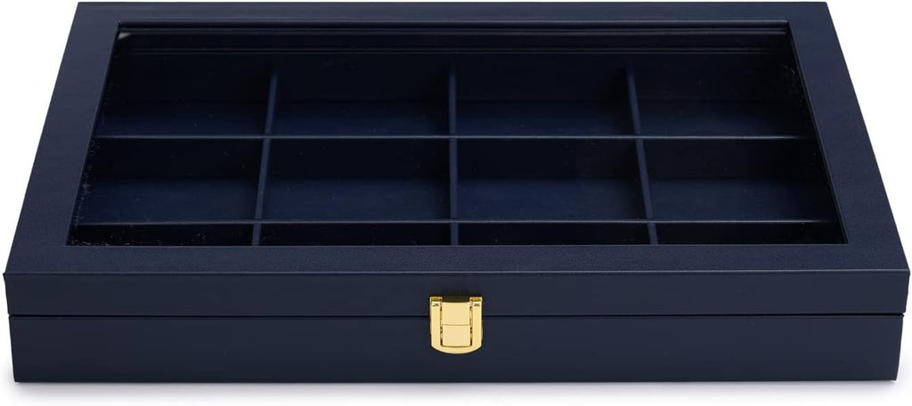 Oirlv 12 Gird Jewelry Tray with Acrylic Lid Premium Blue Leather Jewelry Organizer Box Transparent Lid Bracelet Bangle Small Watch Storage Case for Women Gift