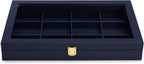 Oirlv 12 Gird Jewelry Tray with Acrylic Lid Premium Blue Leather Jewelry Organizer Box Transparent Lid Bracelet Bangle Small Watch Storage Case for Women Gift