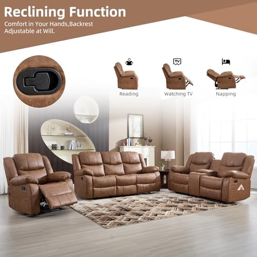 EBELLO 3 Pieces Faux Leather Recliner Sofa Furniture Set, Includes a Manual R...