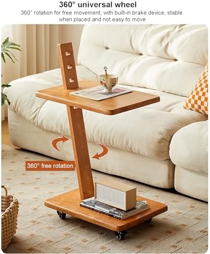 Solid Wood 2-Tier Side Table with Adjustable Height, Mobile End Table & S...